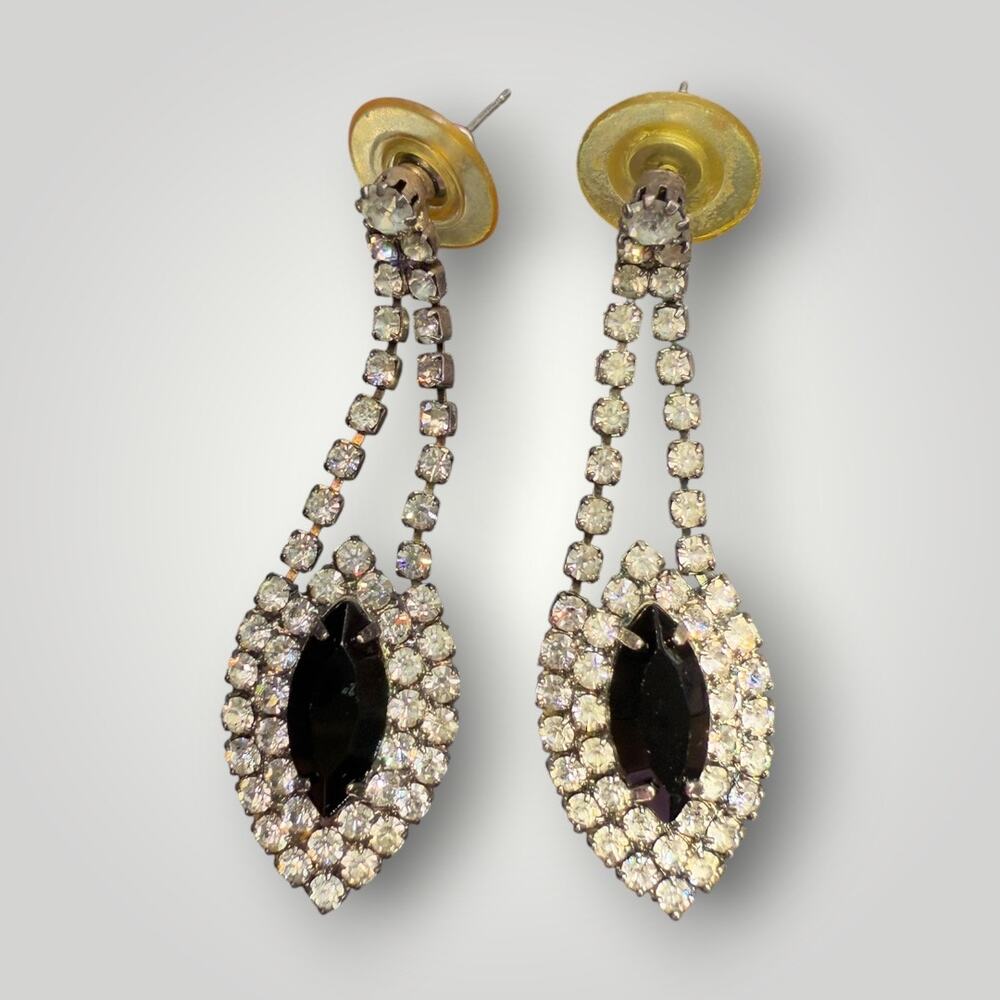 1950s 1960s Rhinestone Necklace Earrings Set Black Glass Teardrop Dangle - Picture 3 of 8